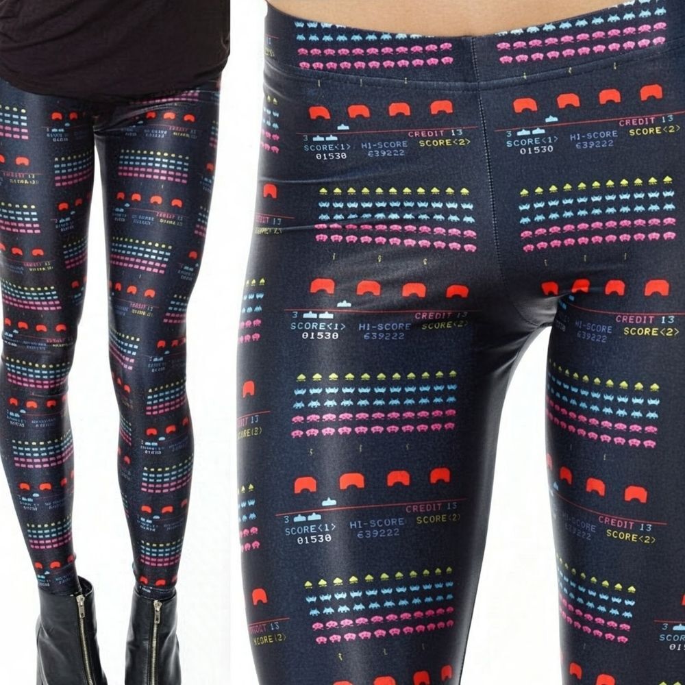 Blackmilk Rainbow Space Invaders Video Game Score Print Leggings Size Small